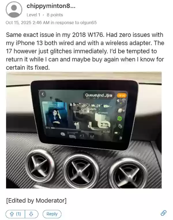 部分 iPhone 17 系列用户反馈苹果 CarPlay 故障：屏幕像素化、频繁断连等