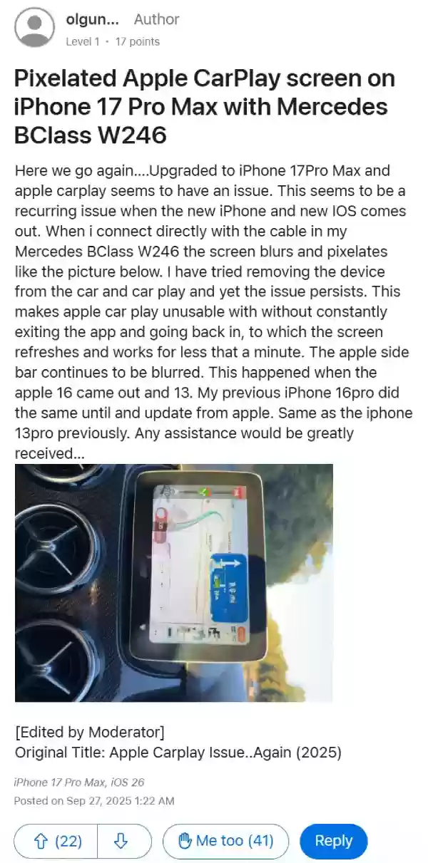 部分 iPhone 17 系列用户反馈苹果 CarPlay 故障：屏幕像素化、频繁断连等