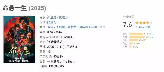 黄轩李庚希主演命悬一生豆瓣开分7.6，播放破1.5亿