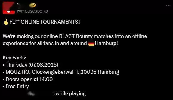 MOUZ俱乐部官方发文：总部线下免费开放BLAST赏金赛S2赛事观看