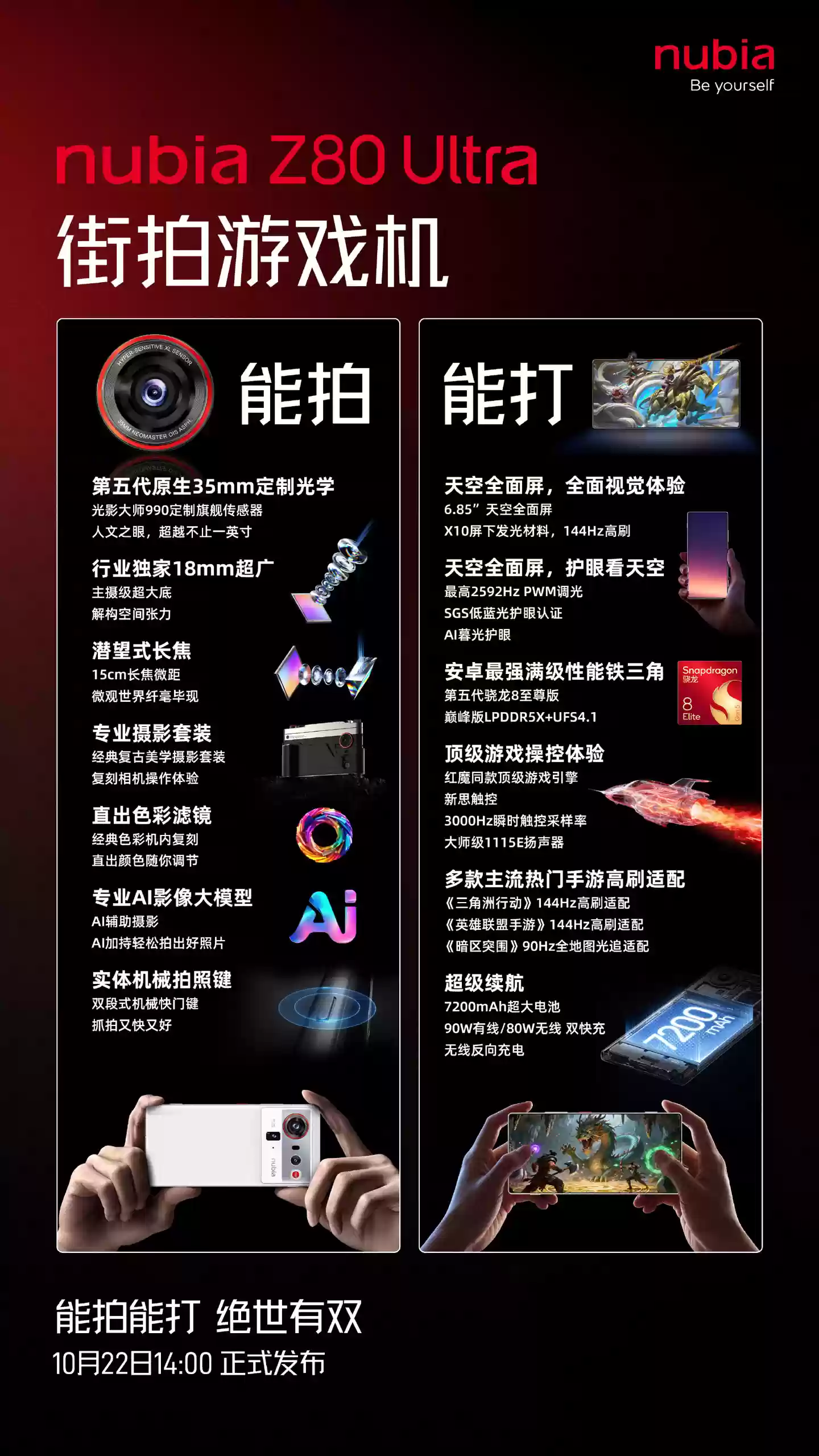 努比亚 Z80 Ultra 手机主要参数公布：6.85 英寸全面屏、第五代骁龙 8 至尊版，10 月 22 日发布