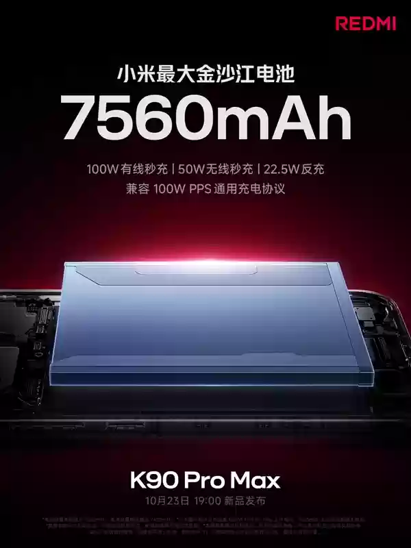 REDMI K90 Pro Max搭载7560mAh电池：100W有线+50W无线快充 兼容PPS