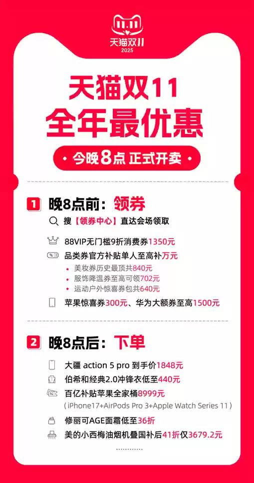 立减85折叠加9折消费券全年最优惠，天猫双11今晚8点正式开卖