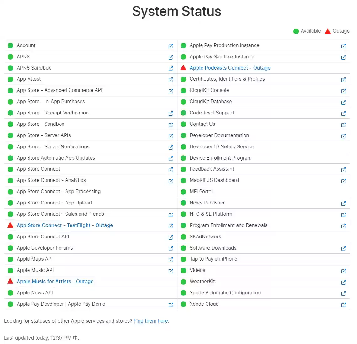 苹果 TestFlight、Apple Music for Artists、Apple Podcasts Connect 等服务故障