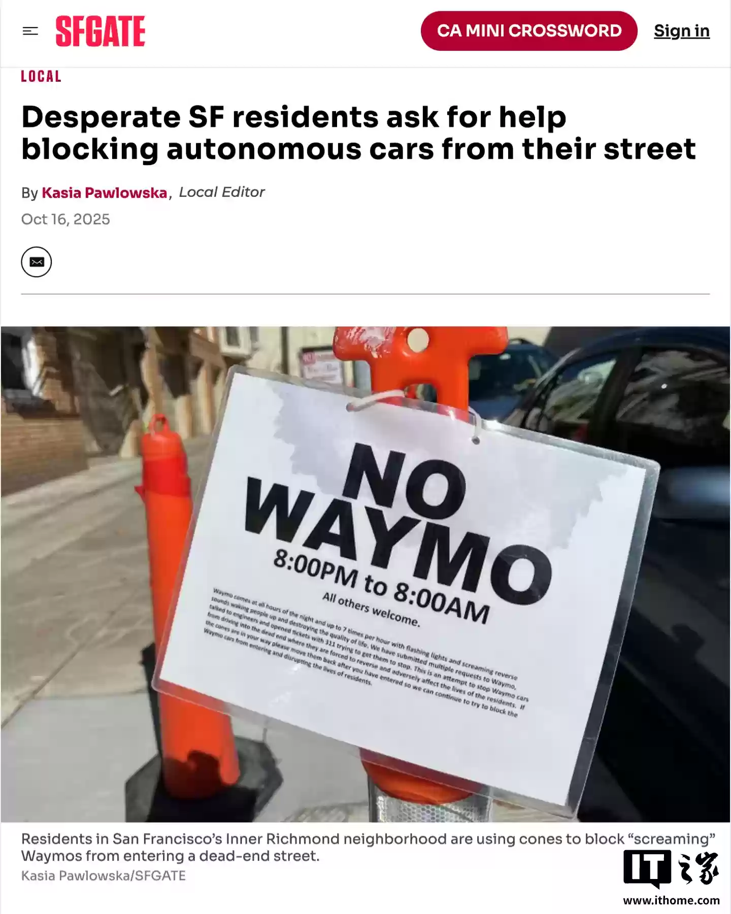 Waymo 自动驾驶车辆持续扰民,旧金山市民用锥筒和告示铸成“阻车防线”