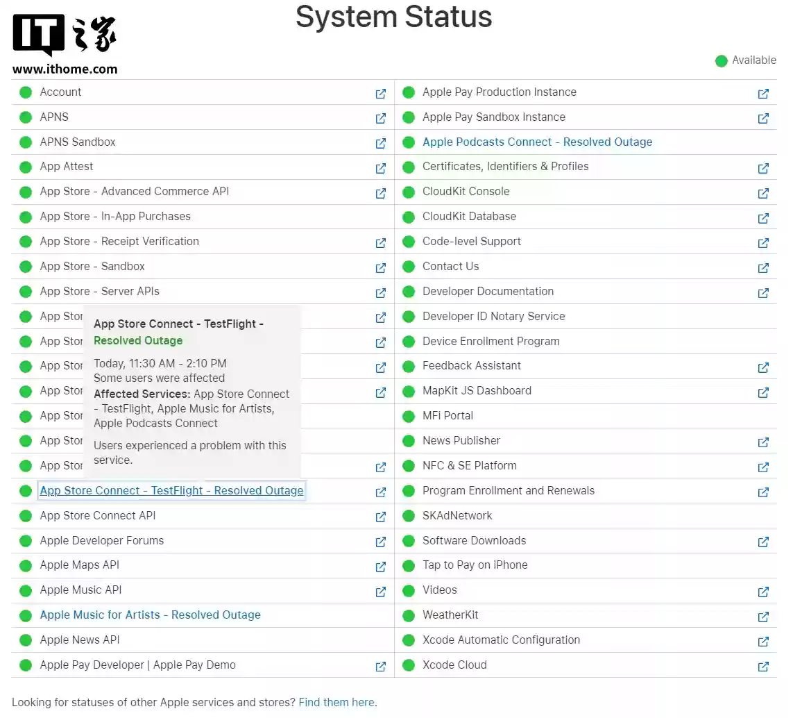 苹果 TestFlight、Apple Music for Artists、Apple Podcasts Connect 等服务故障