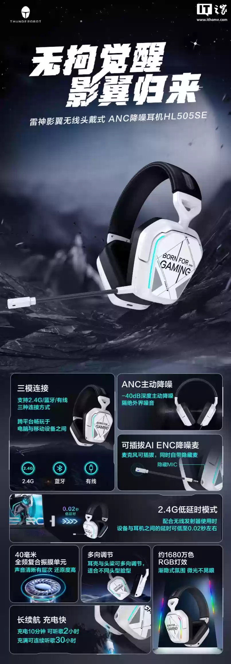 雷神推出影翼无线头戴式游戏耳机：40mm 单元、ANC 主动降噪，199 元