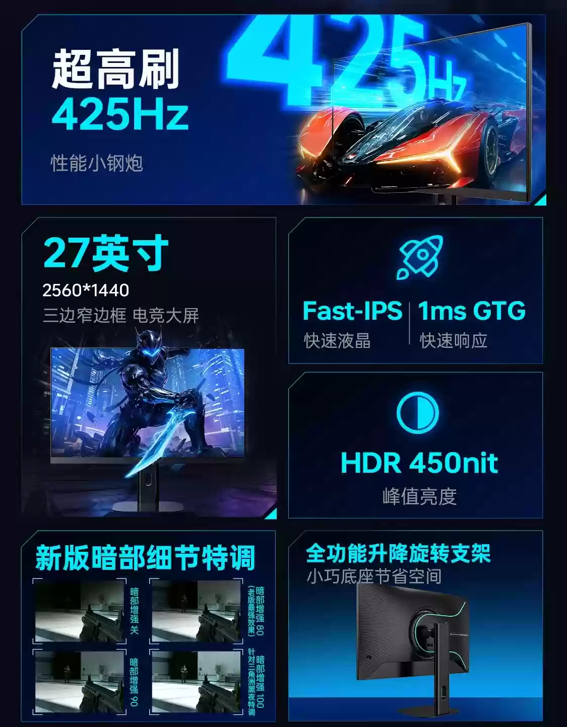 雷神“ZQ27F400L”27英寸显示器首销：2K 425Hz高刷新、ΔE<2，售价1999元