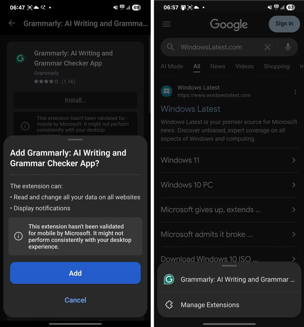 微软测试新版安卓端 Edge 浏览器，将桌面版扩展程序带入手机平台