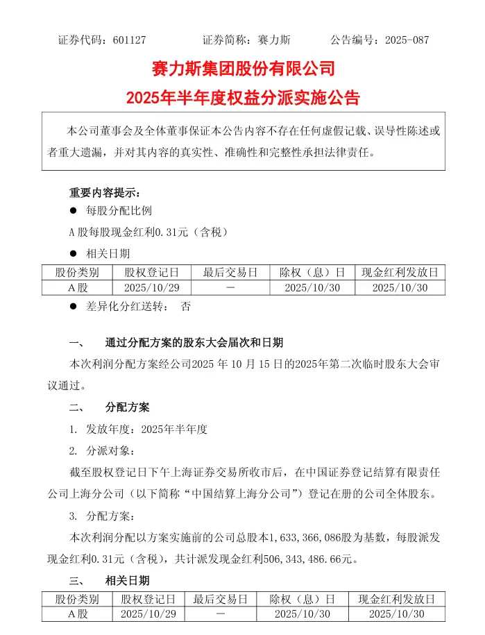 赛力斯:2025年半年度拟派发现金红利5.06亿元