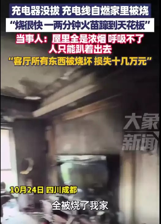 充电器没拔家被烧 电视被烧爆 当事人：损失十几万