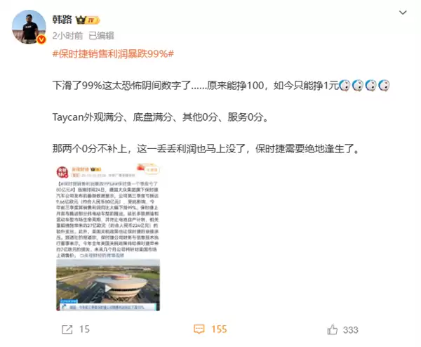 韩路锐评“保时捷销售利润暴跌99%”:外观底盘满分 其他都0分