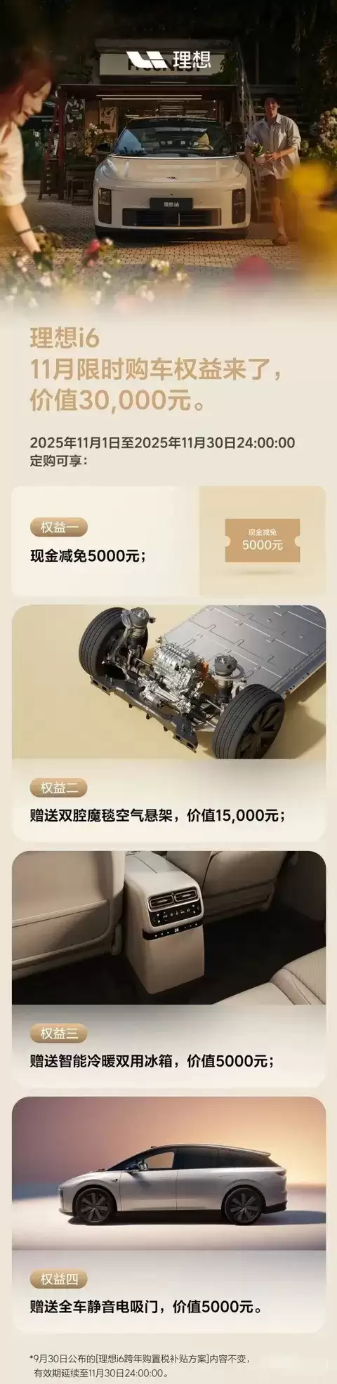 理想i6限时优惠3万元，11月购车享四大权益