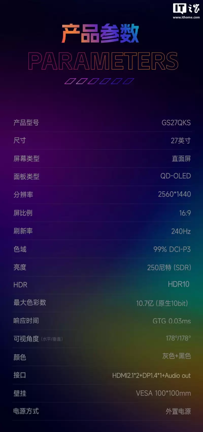 HKC“GS27QKS”27英寸显示器开售:2K 240Hz QD-OLED、原生10-Bit色彩,首发价1999元
