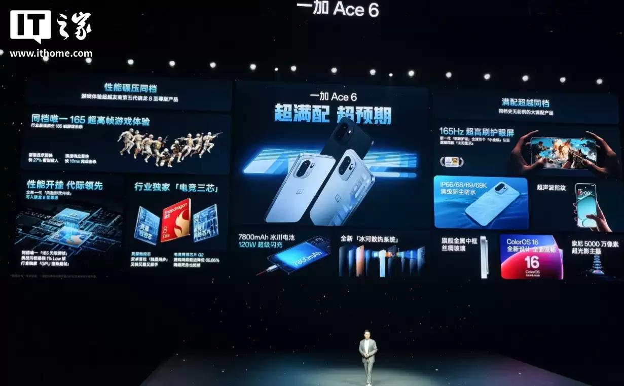 2599 元起一加 Ace 6 手机发布,骁龙 8 至尊版、同档唯一 165Hz 高刷