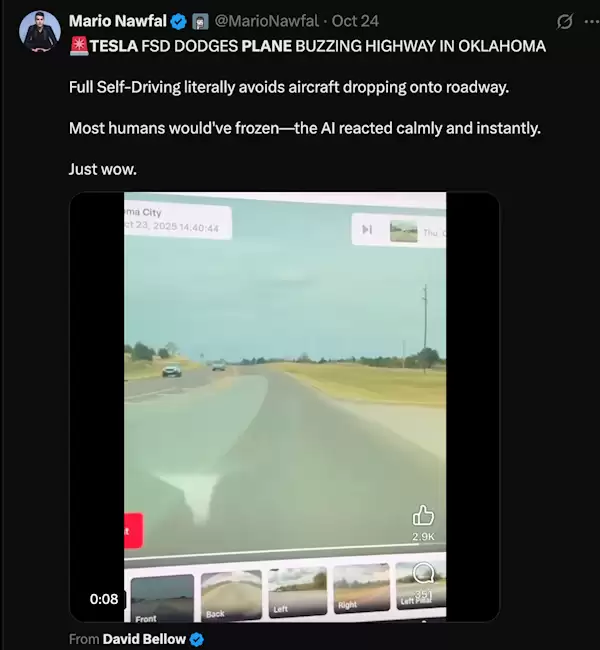 传美国一辆特斯拉用FSD避让坠毁飞机 司机辟谣:我手动操作的