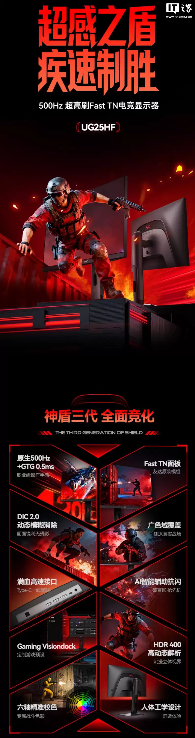 HKC 推出“UG25HF”24.1 英寸显示器:1080P 500Hz Fast TN 面板,3499 元