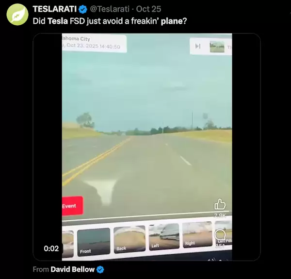 传美国一辆特斯拉用FSD避让坠毁飞机 司机辟谣:我手动操作的