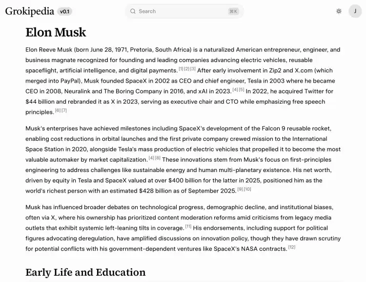 马斯克的 AI 百科全书 Grokipedia 引争议:部分内容逐字照搬维基百科