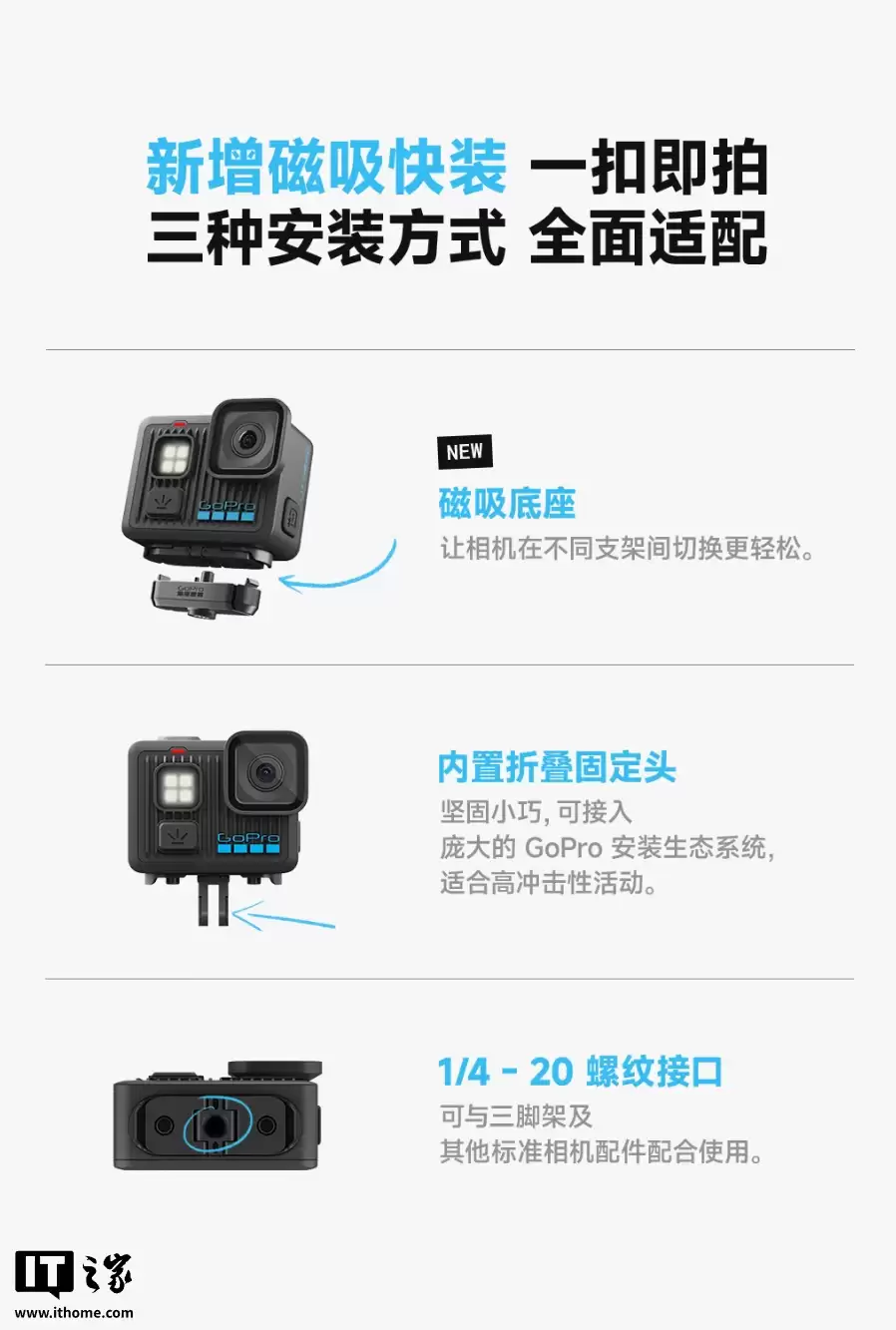1698 元:GoPro LIT HERO 运动相机开启新品预约,内置补光灯设计 + 93 克轻巧设计