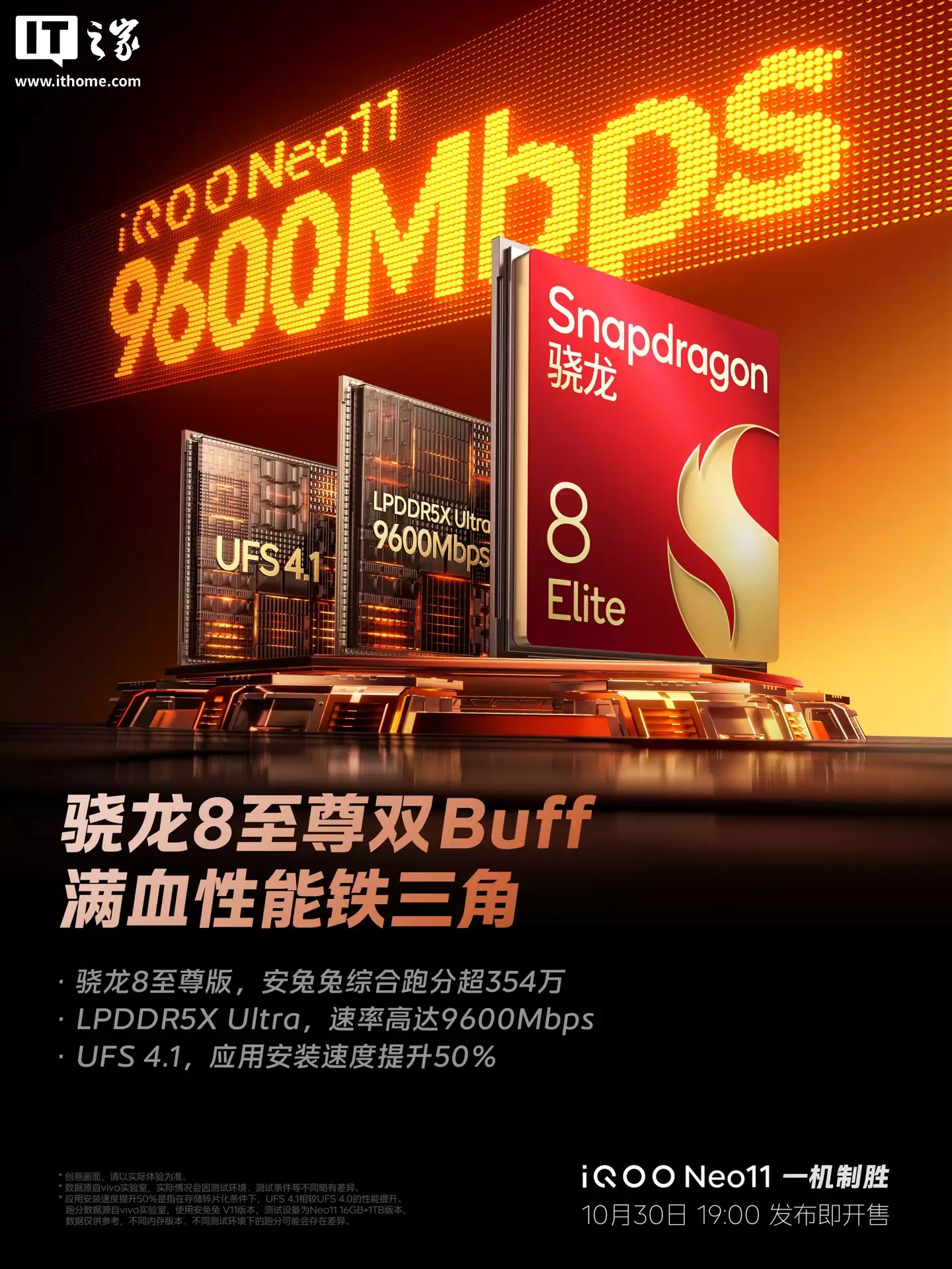 应用安装速度提升 50%:iQOO Neo11 手机搭载 LPDDR5X Ultra (9600Mbps) + UFS4.1