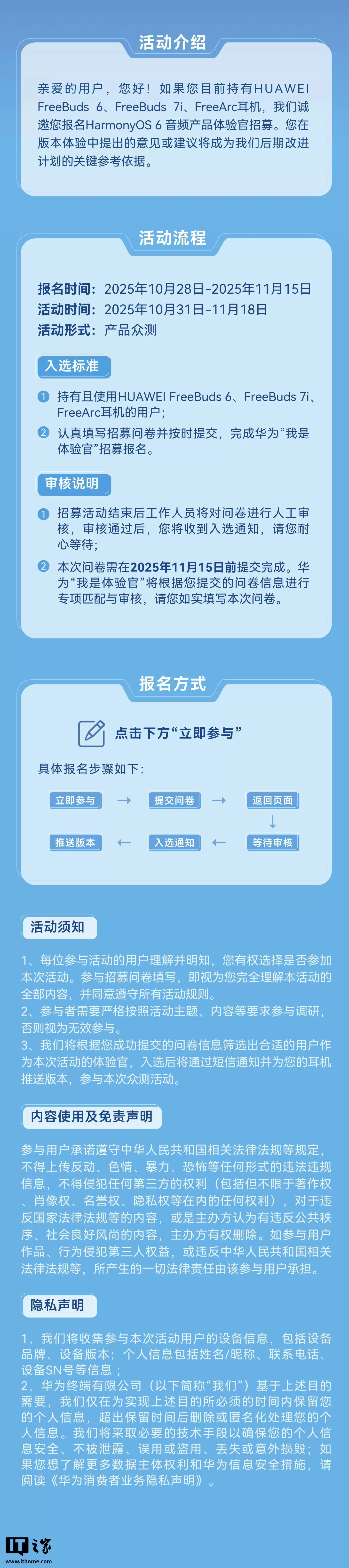 华为 FreeBuds 6 / 7i / Arc 耳机开启 HarmonyOS 6 音频产品体验官招募