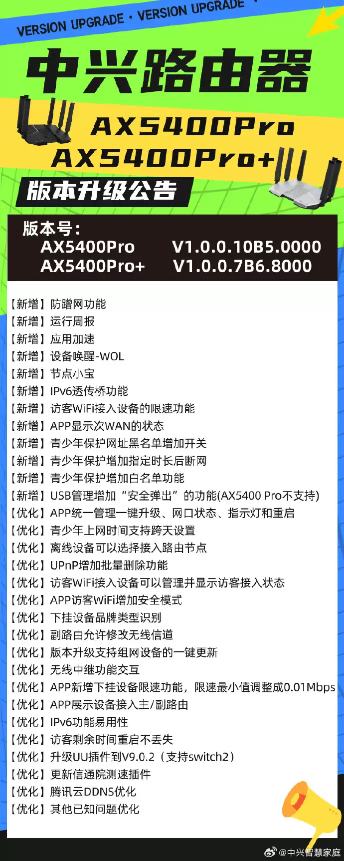 中兴 AX5400 Pro / Pro+ 路由器版本升级，新增防蹭网功能、应用加速等