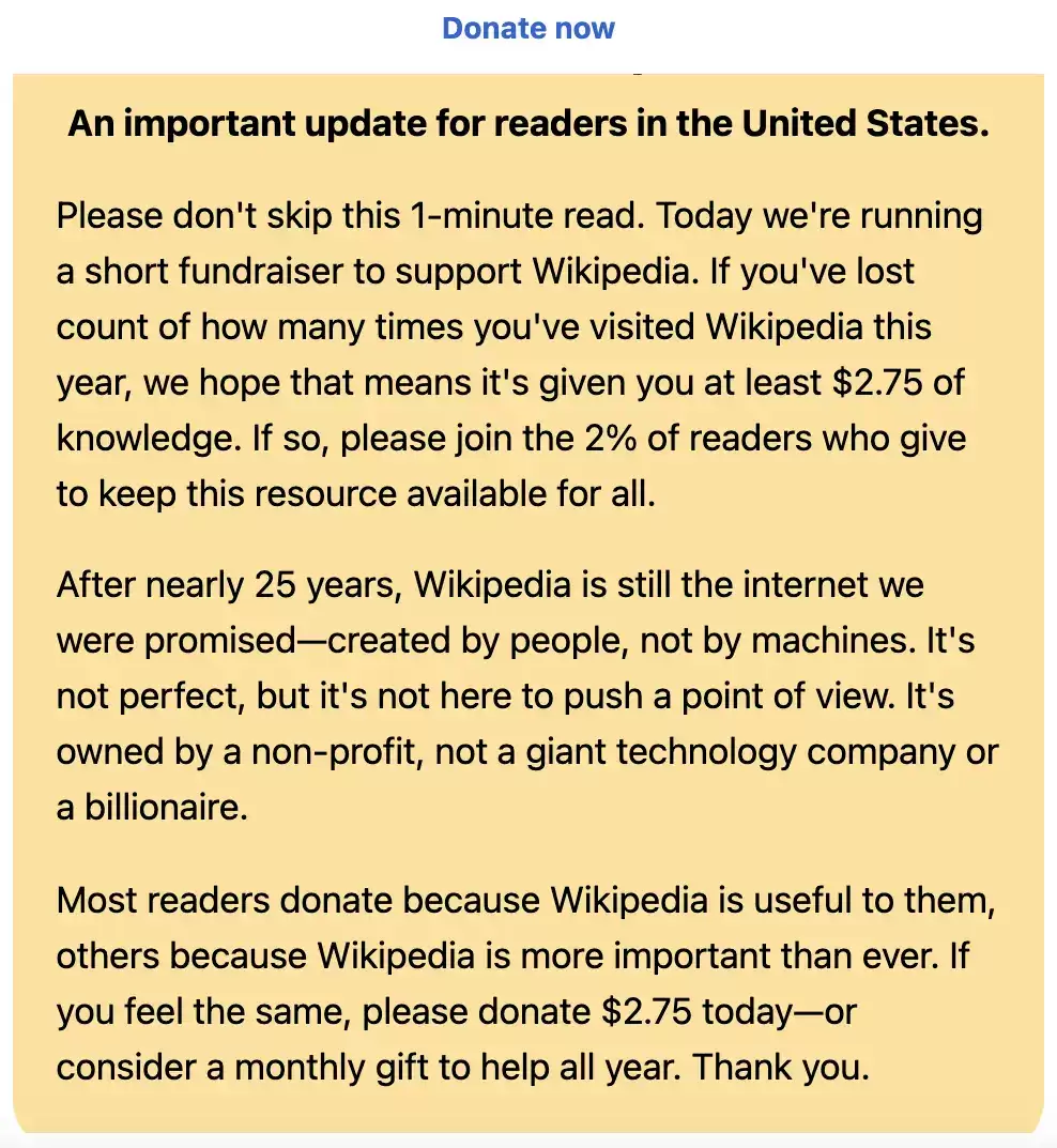 维基百科用弹窗暗讽马斯克 GrokiPedia：“我们不是机器创造出来的”