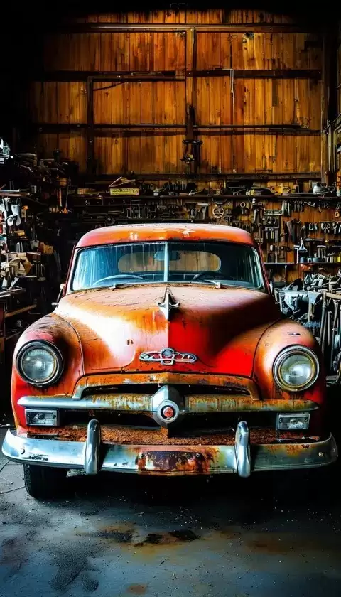 锈迹斑驳的1958普利茅斯之怒静卧旧车库