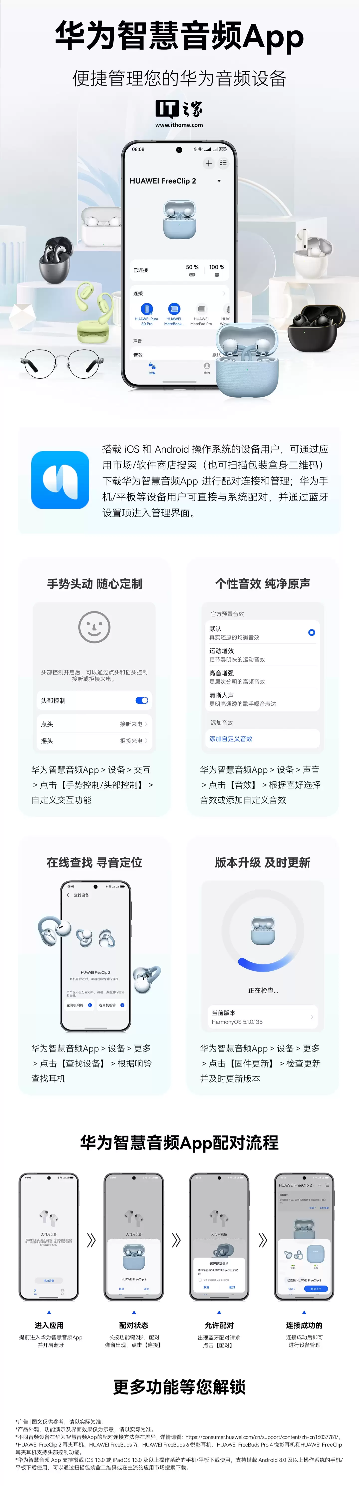 华为推出智慧音频 App:安卓 / iOS 双端同步,支持头动控制、查找设备等功能