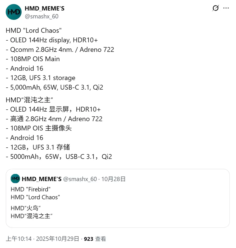 HMD 迄今充电最快手机:Lord Chaos 曝光,65W 快充、骁龙7 Gen 4 芯片