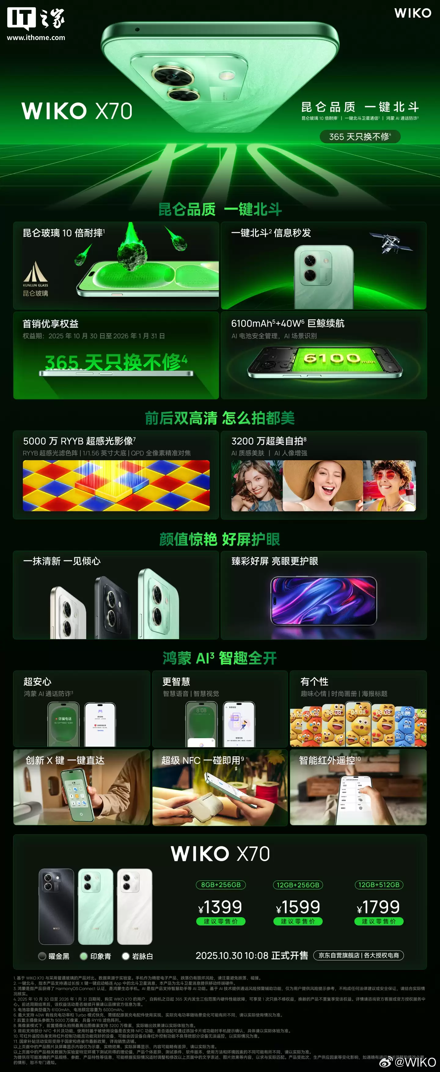 1399 元起华为智选 WIKO X70 鸿蒙生态手机发布：一键北斗卫星通信