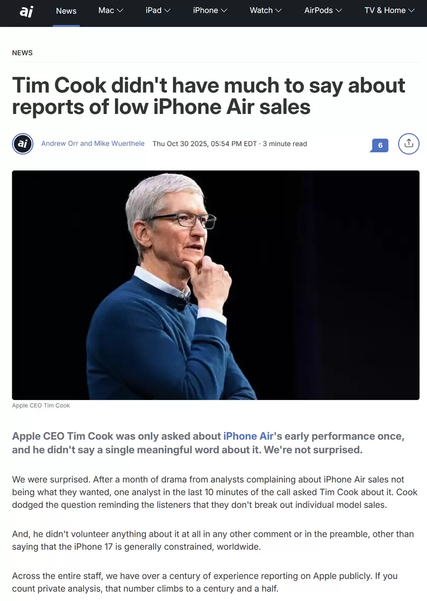 iPhone Air被指将降低产量 财报会上库克回避销量问题
