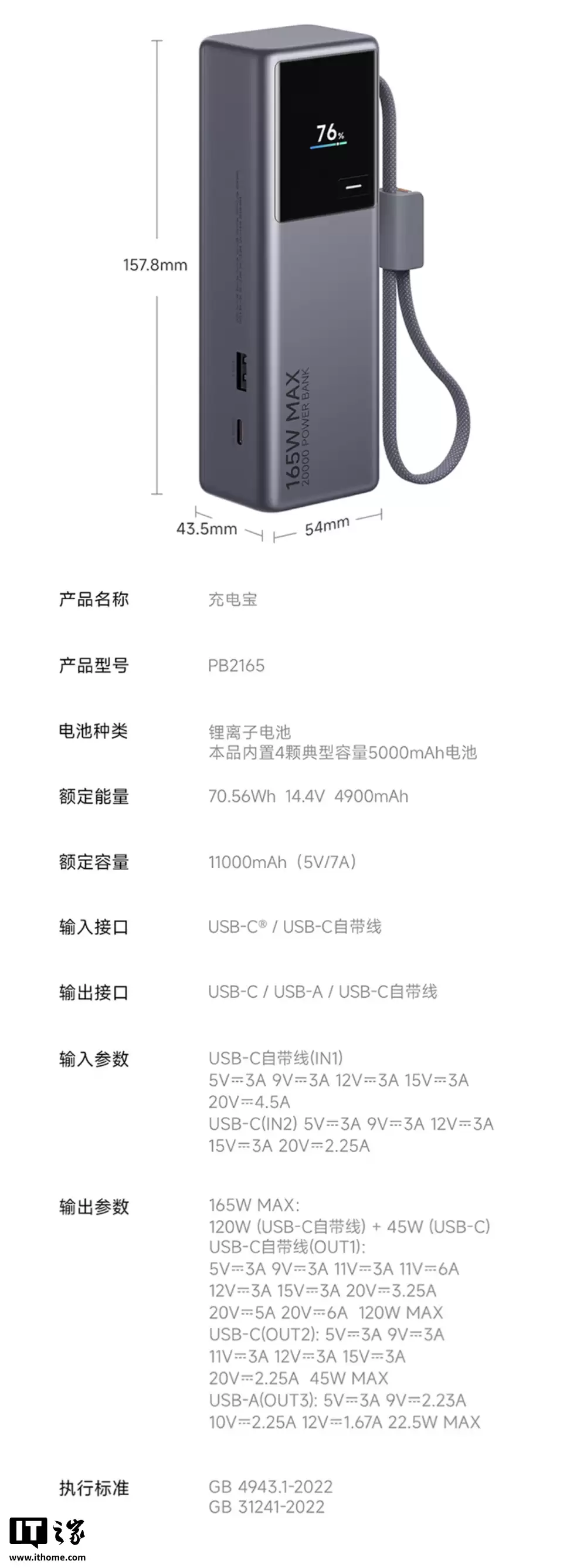 小米 20000mAh 充电宝“PB2165”上市：自带 6A 编织数据线、165W 双口组合输出，首发 269 元