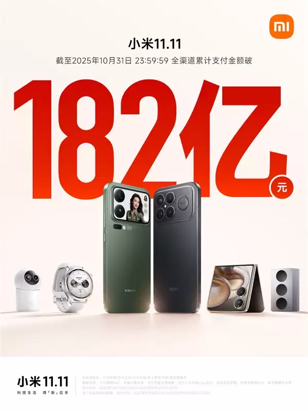 小米双11战报出炉：全渠道累计支付金额突破182亿