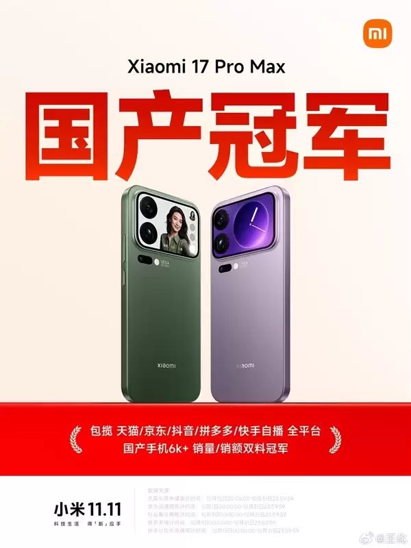 小米17 Pro Max包揽多平台国产手机6K+价位段冠军:销量、销售额都第一