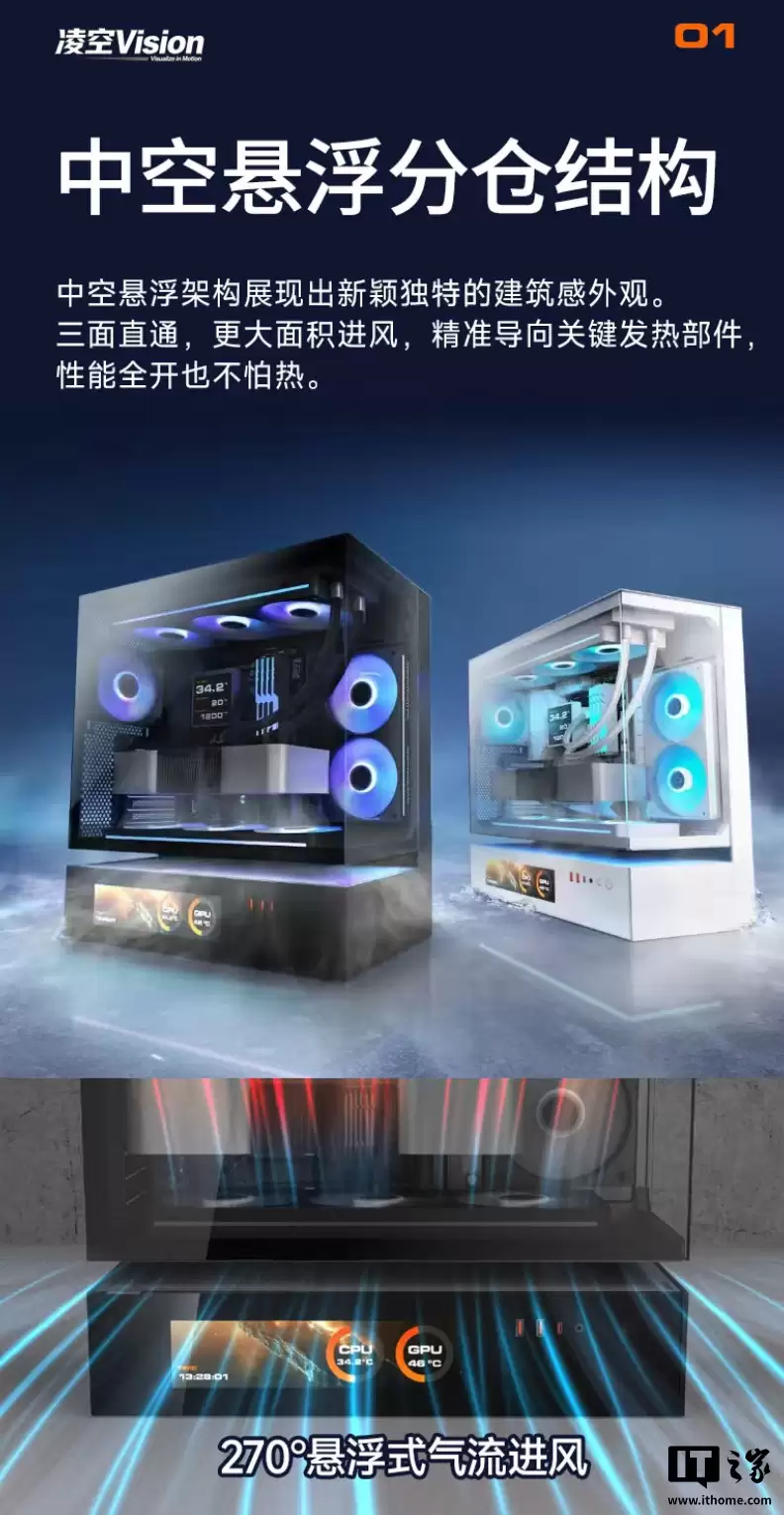 骨伽“凌空”机箱开售:中空悬浮气流架构、可选带屏版本,499元起