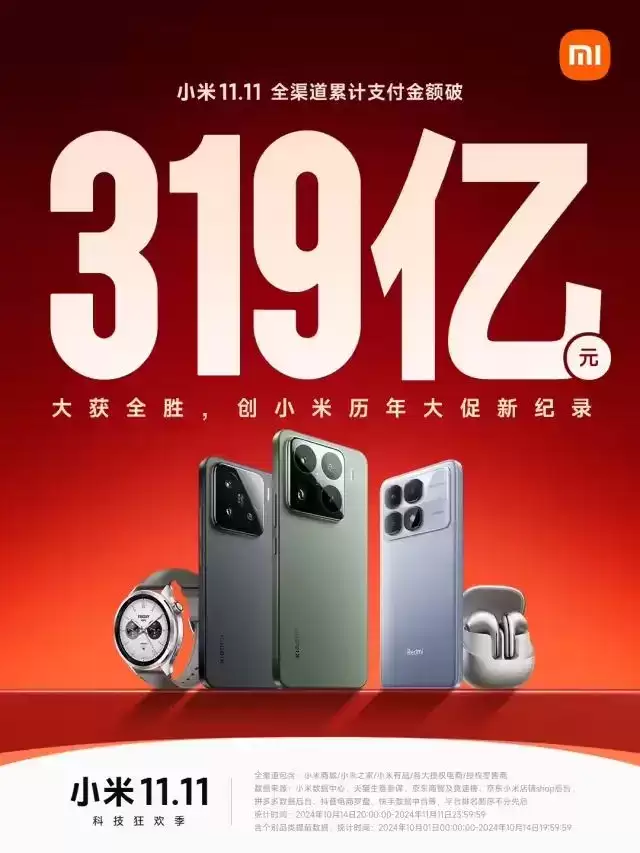 小米双11战报:截至10月31日23:59,双11全渠道累计支付金额突破182亿元