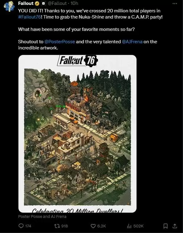 《辐射76》官宣玩家破2000万 B社团队狂欢庆祝