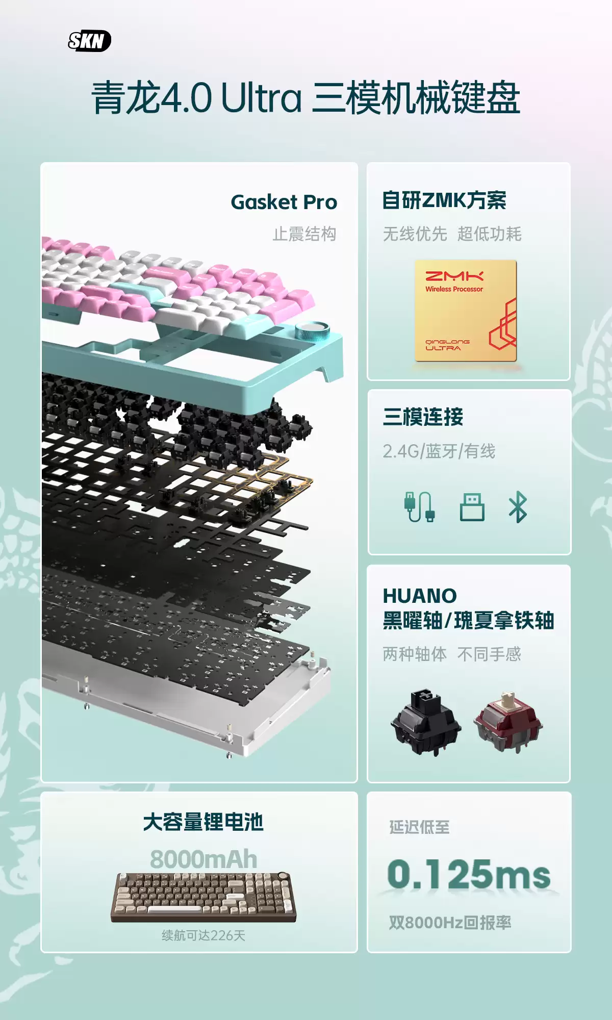 SKN 推出青龙 4.0 Ultra 机械键盘：双 8kHz + 长续航，首发环诺黑曜轴