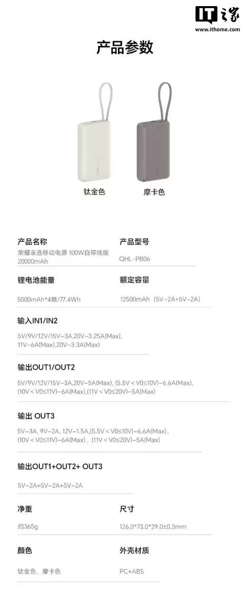 299 元：荣耀亲选移动电源 100W 自带线版开售，20000mAh 容量、自带挂绳设计