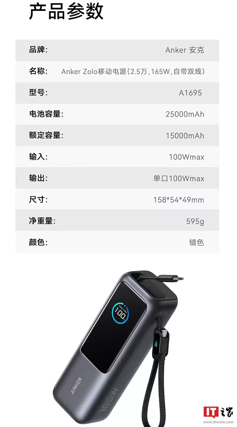 499 → 328 元：安克长短双线能量舱 25000mAh 可上飞机，165W 手机电脑同时快充