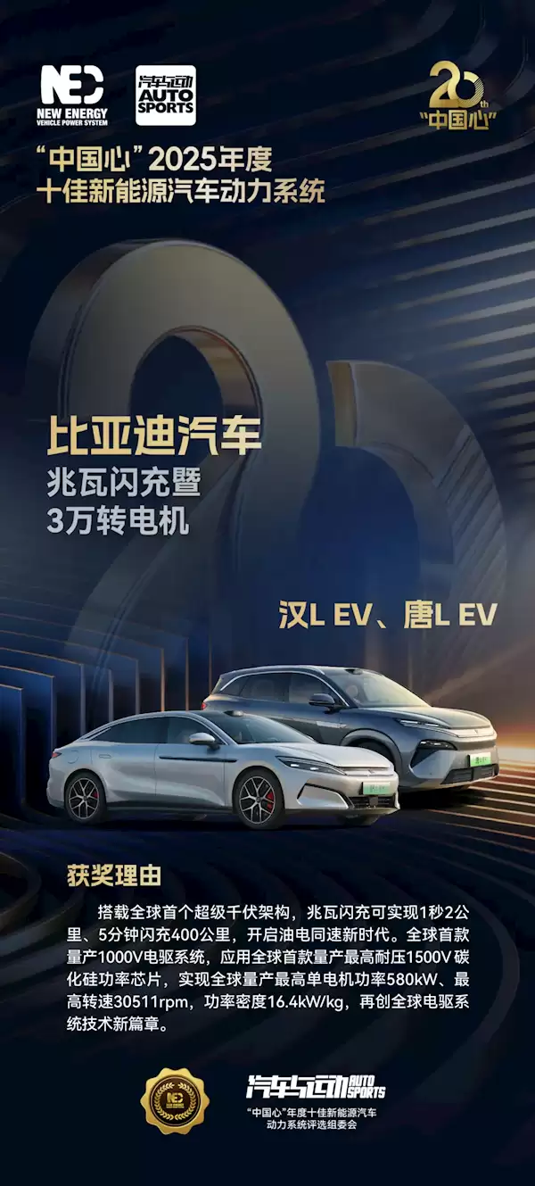 比亚迪兆瓦闪充、三万转电机荣获“中国心”十佳评选
