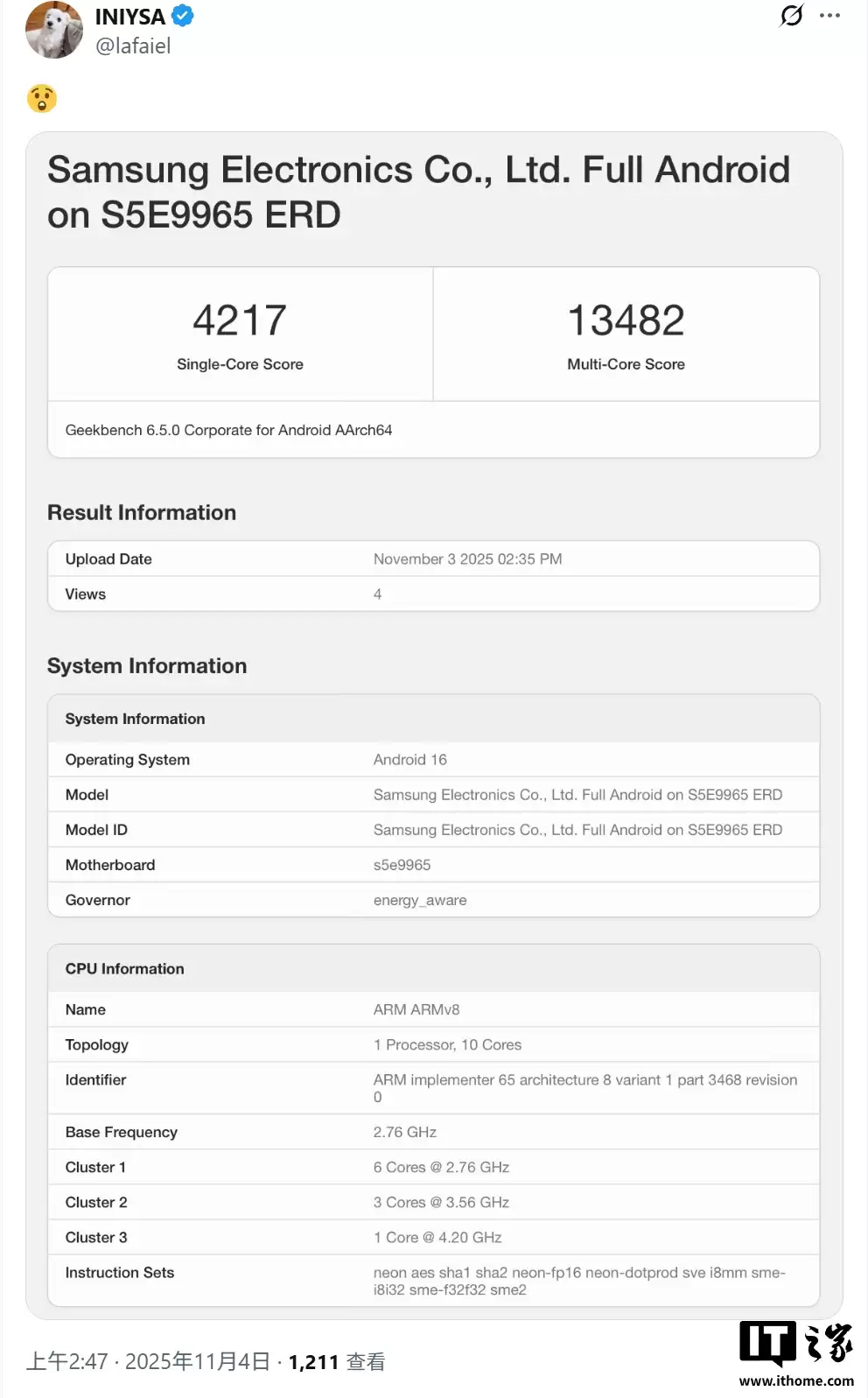 全球首款 2nm 手机芯片：三星 Exynos 2600 跑分再曝，单核性能媲美苹果 M5
