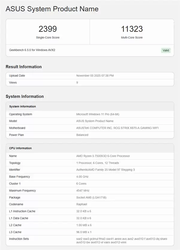 AMD锐龙5 7500X3D现身跑分平台,入门级游戏神U将至