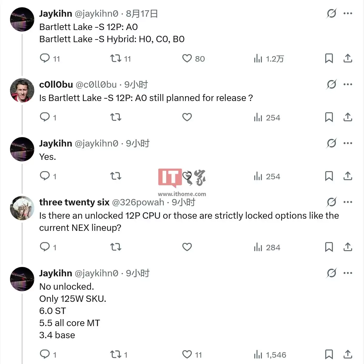 英特尔将推12核Bartlett Lake S 12P处理器：6.0GHz睿频，125W功耗