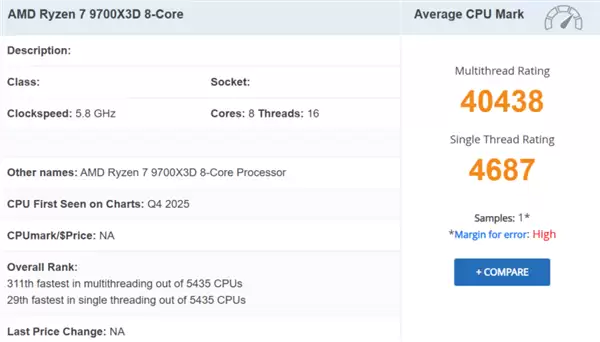 AMD Zen5 X3D处理器新品+1！八核锐龙7 9700X3D现身