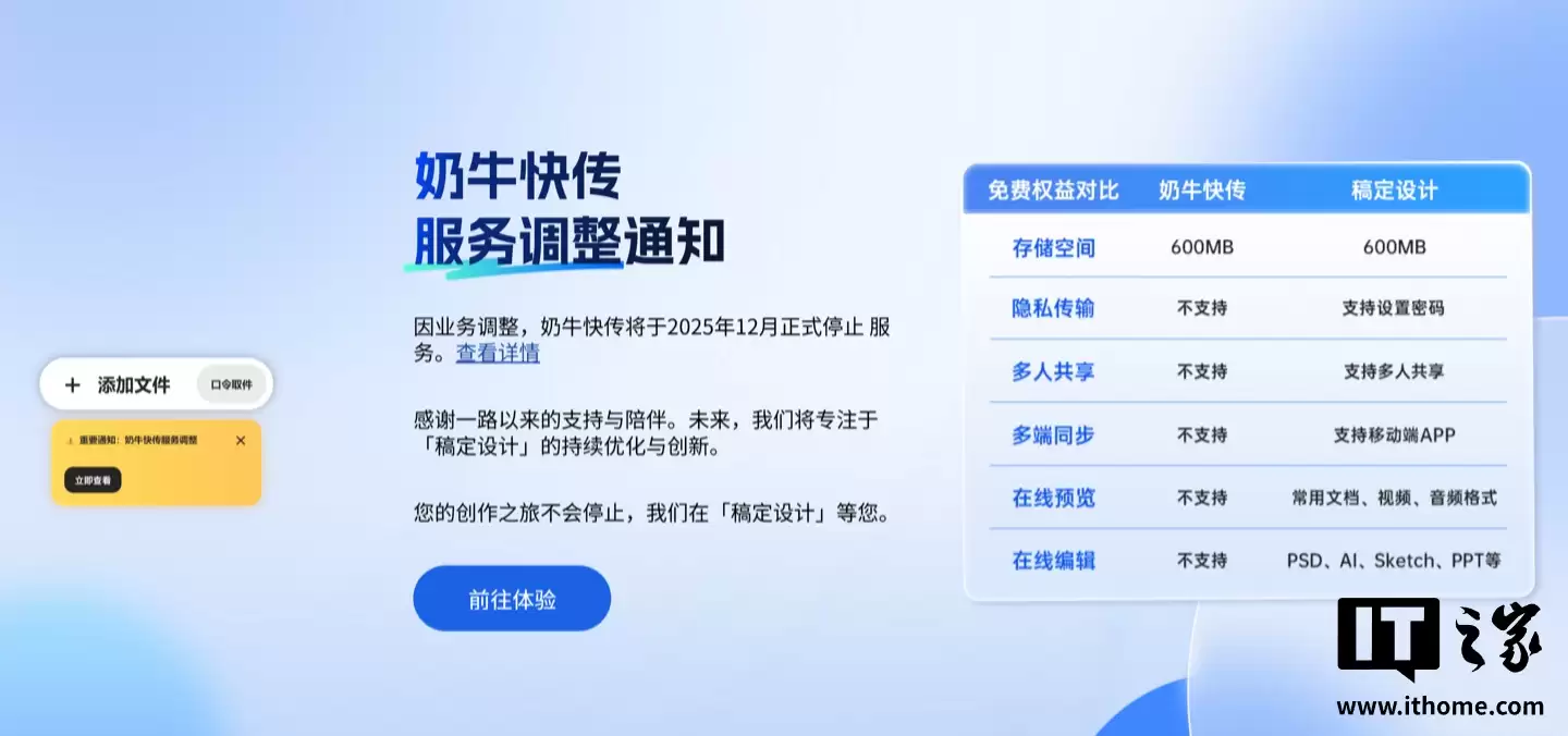 奶牛快传12月8日正式停止服务，未来团队将专注于升级/创新“稿定设计”