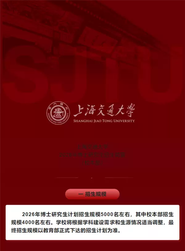 上海交大博士招生或超本科!2026年博士招生简章发布:计划招5000人