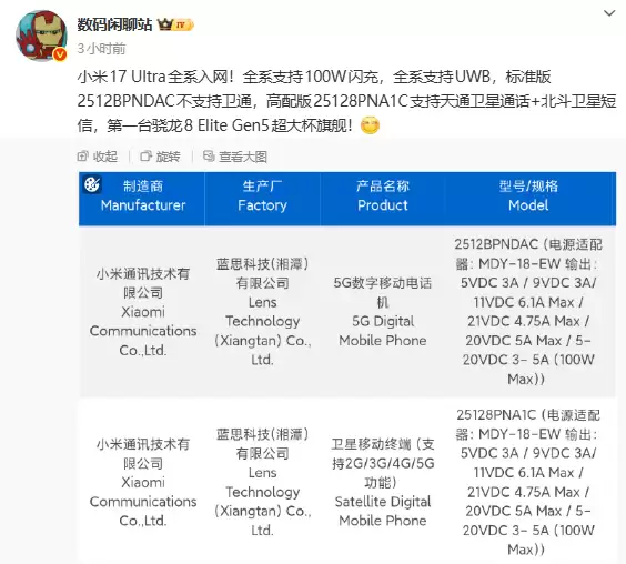 小米17 Ultra双机通过3C认证：支持100W快充，搭载骁龙8 Elite Gen5